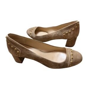 Tory Burch‎ Colt Suede Studded Block Heel Pumps Taupe Women's Size 9.5